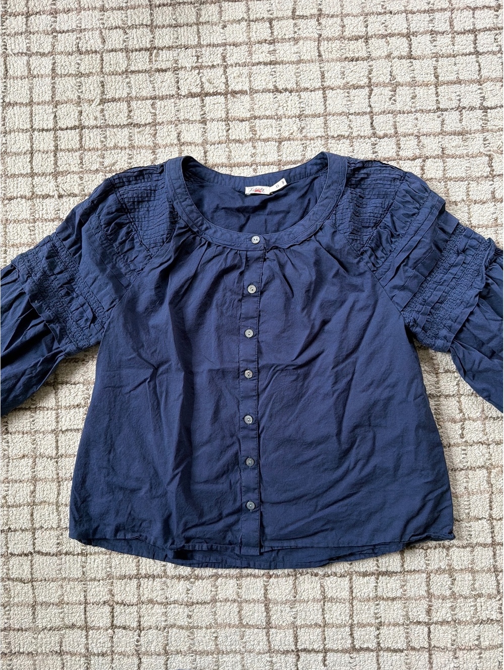 Womens Faherty Navy Blouse Cottage Grandma Boho Hippie Button Up Shirt XS Cotton